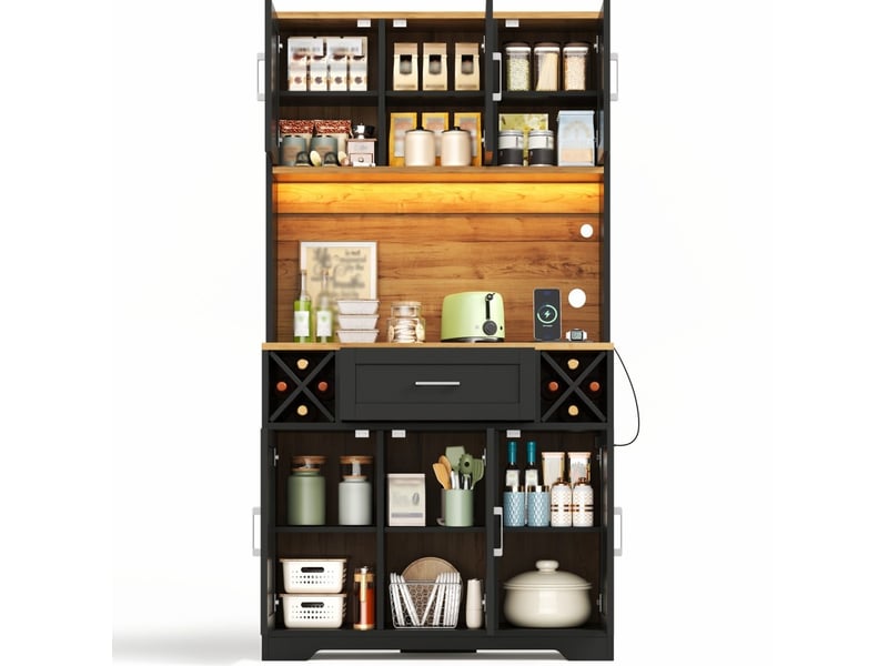 Buffet de cuisine 105x40x180 cm avec led et porte-bouteilles noir et bois naturel  - Conforama A