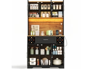 Buffet de cuisine 105x40x180 cm avec led et porte-bouteilles noir et bois naturel
