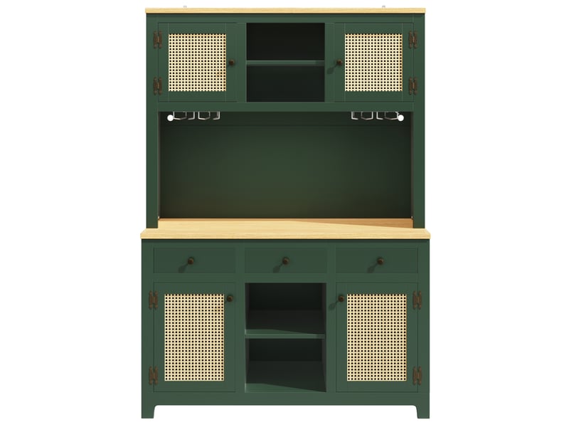  Buffet haut vert antique en mdf, façades en rotin pe, étagères réglables, système anti-basculement, pour cuisine et séjour  - Conforama A