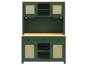 Buffet haut vert antique en mdf, façades en rotin pe, étagères réglables, système anti-basculement, pour cuisine et séjour