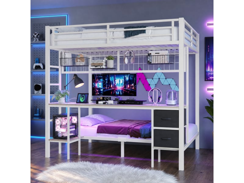 Lit mezzanine double 140×200 cm avec bureau, tiroirs, led et usb - sans matelas, métal - blanc - Conforama B