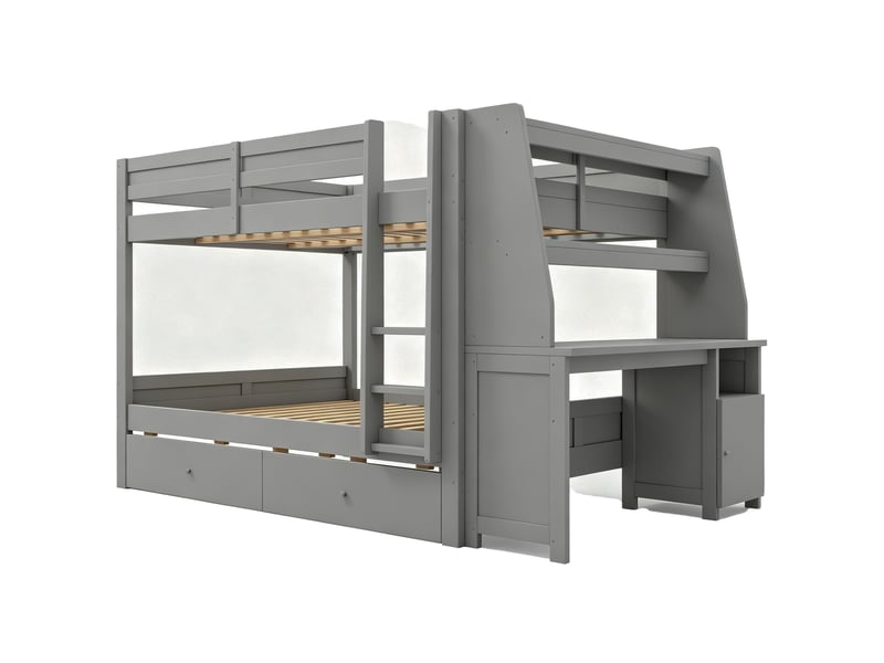 Lit superposé enfant 140x200 cm – gris – bureau intégré, rangement latéral réversible et 2 tiroirs – sans matelas - Conforama D