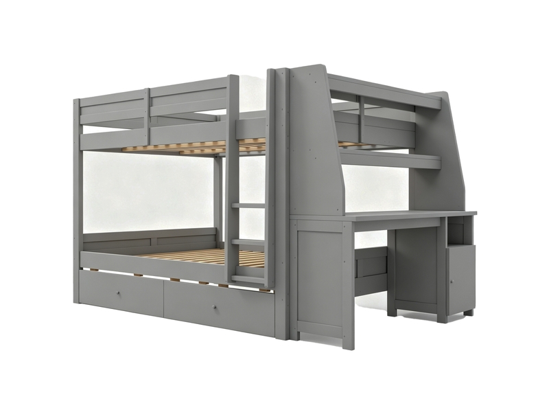  Lit superposé enfant 140x200 cm – gris – bureau intégré, rangement latéral réversible et 2 tiroirs – sans matelas  - Conforama D