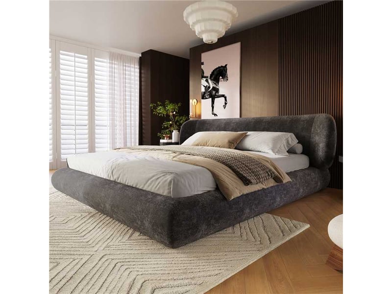 Lit rembourré en chenille gris 140x190 cm avec tête de lit arrondie Fay Lum - Conforama D