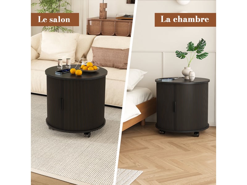  Table de chevet - 60x60x60cm - bout de canapé cylindrique mid-century en mdf avec station de charge - noyer - noir  - Conforama B
