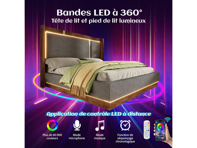  Lit coffre 90 x 200 avec led, sommier à lattes, gris et noyer  - Conforama E