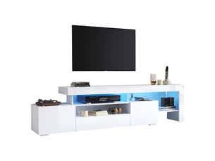 Meuble tv blanc haute brillance 192x37x53 cm avec led et 3 portes, rangement moderne pour tv jusqu'à 85 pouces