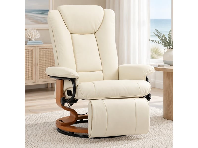 Fauteuil relax manuel pivotant 360° en similicuir blanc crème avec repose-pieds - Conforama D