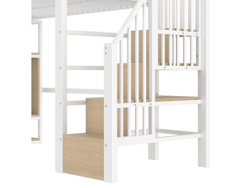  Lit mezzanine enfant 90 x 200 cm marches-rangements sécurité barrière led multicolore métal+mdf blanc sans matelas  - Conforama R