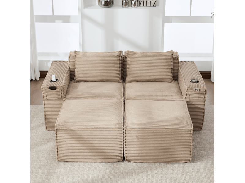  Canapé 2 places avec 2 poufs en velours côtelé kaki 188x162x75 cm  - Conforama B