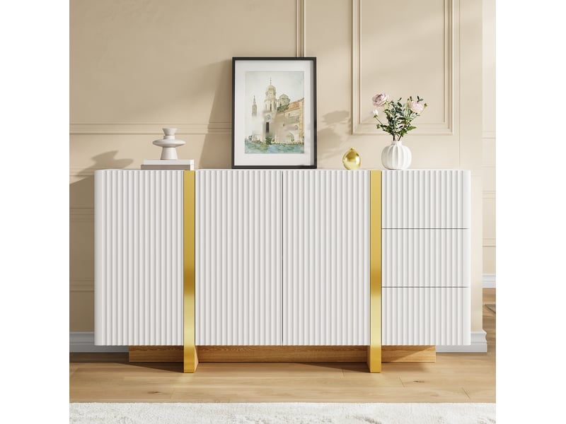  Buffet bas blanc 140 x 36 x 75 cm, 3 portes, 3 tiroirs, détails dorés  - Conforama B