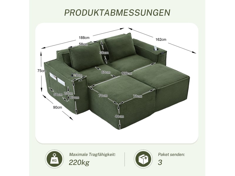 Canapé 2 places avec 2 poufs en velours côtelé vert 188x162x75 cm - Conforama C