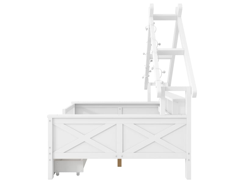  Lit maison 140x200 cm blanc, avec led, rangements, 2 tiroirs, garde-corps, structure bois, sommier inclus, sans matelas  - Conforama E