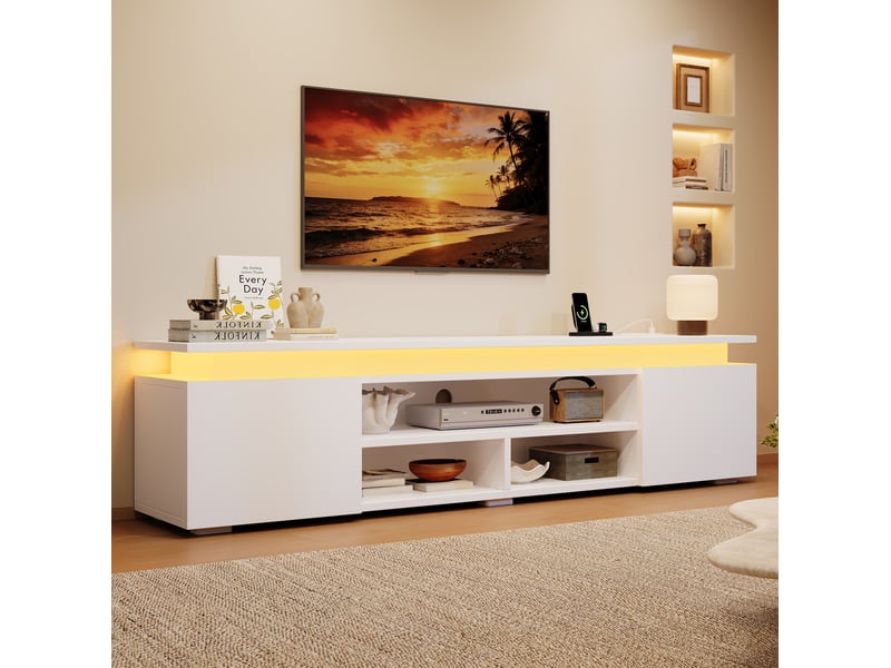  Meuble tv 180x35x42 cm avec led, 2 placards et 3 niches blanc  - Conforama E