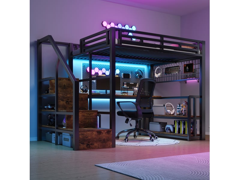  Lit mezzanine enfant 140 x 200 cm avec bureau, rangements et led, noir et blanc  - Conforama E