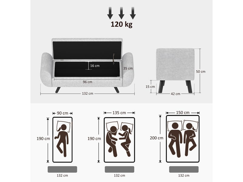  Banc de rangement 53,8l avec siège rembourré en lin et accoudoirs, pour salon, chambre, 132 x 42 x 50 cm, entrée, gris  - Conforama C