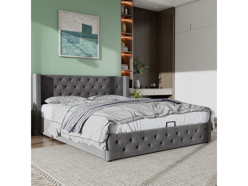  Lit double 180x200 cm, tête de lit oreilles capitonné, clous décoratifs, design velours gris, lit coffre hydraulique  - Conforama D