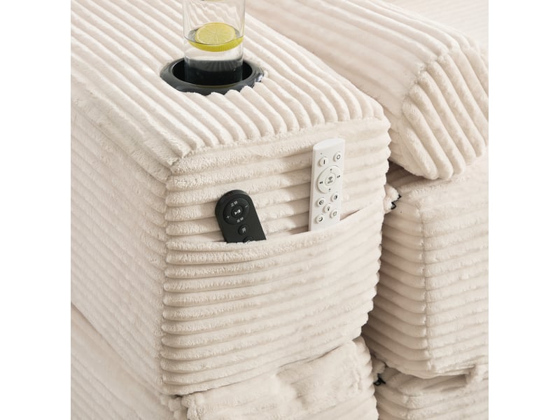 Canapé convertible 2 places en velours côtelé beige avec poches latérales et porte-gobelet - Conforama E
