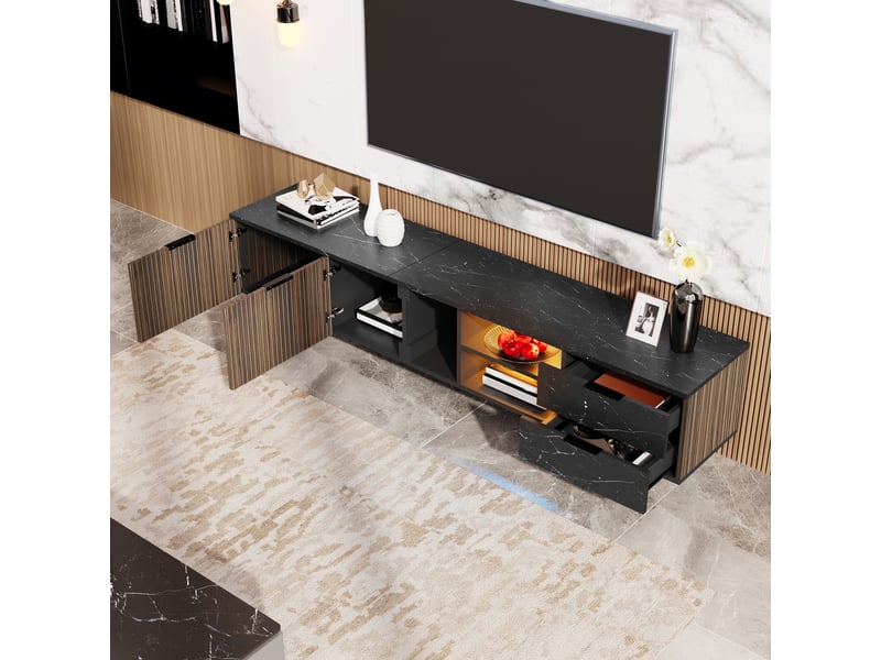  Meuble tv 200 cm avec 2 portes, 2 tiroirs, 2 niches et led multicolore via application, mdf, noir et effet bois Fay Lum - Conforama R