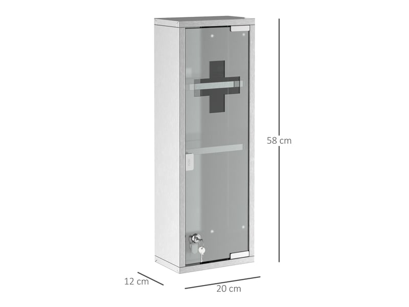  Armoire pharmacie acier inoxydable porte verre trempé, verrouillable, 3 compartiments, 20×12×58cm, argent  - Conforama E