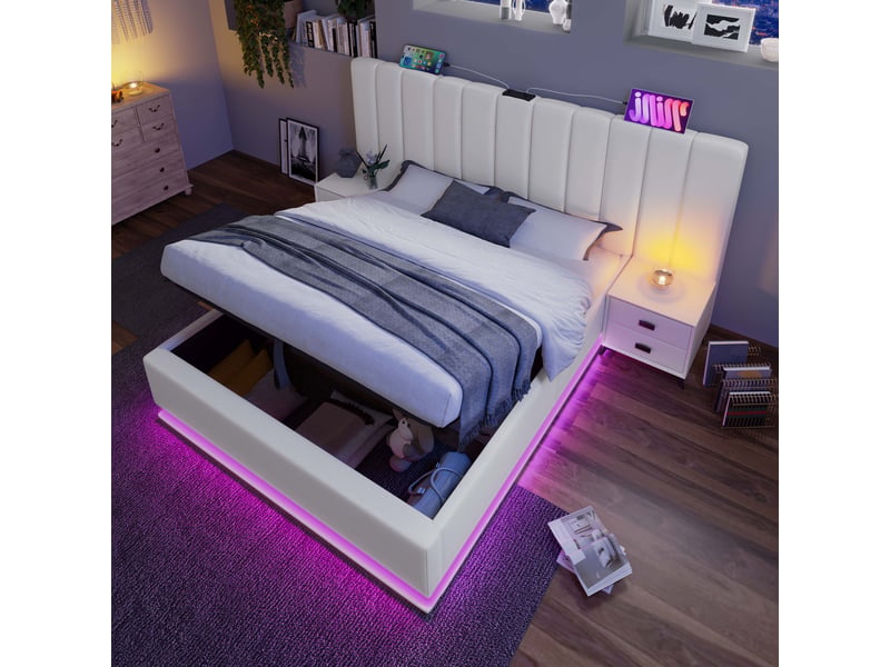 Lit coffre 160×200cm, lit double, lit adulte, rangement, port usb et type-c, led, tête de lit, lin, métal, bois, beige - Conforama B