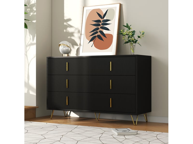  Commode bas 120x77x40 cm 6 tiroirs design moderne surface ondulée poignées pieds dorés panneau particules noir et doré  - Conforama E