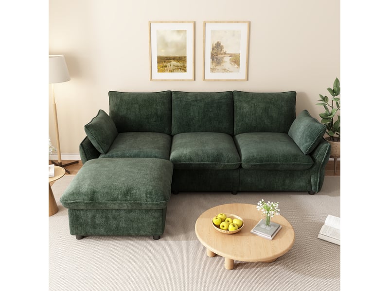 Canapé d'angle vert foncé 3 places avec pouf - chenille 222,5 cm - modulable en l  - Conforama R