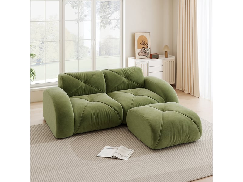  Canapé modulaire 2 places sans armature avec pouf en mousse 32d et tissu chenille vert pour salon  - Conforama D