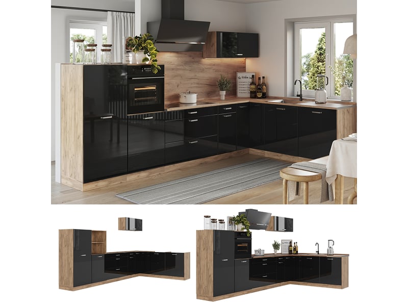  Vicco cuisine en angle, noir haute brillancechêne doré, 347 x cm plan de travail chêne doré  - Conforama D