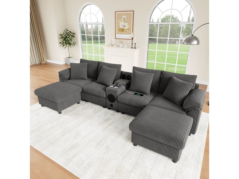 Canapé modulaire en u et l en velours côtelé avec haut-parleur bluetooth, charge sans fil, usb, rangement, gris - Conforama E