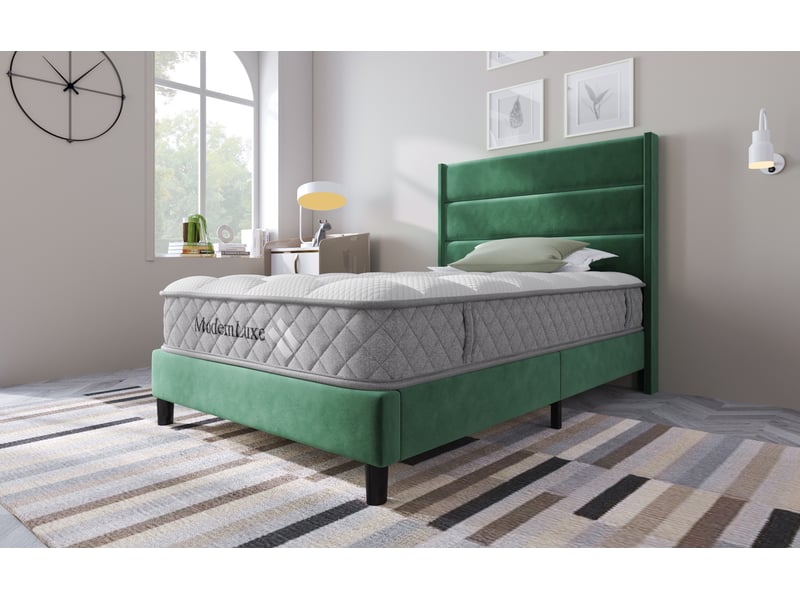  Lit simple enfant  90x200 cm en velours vert foncé avec sommier et matelas  - Conforama W