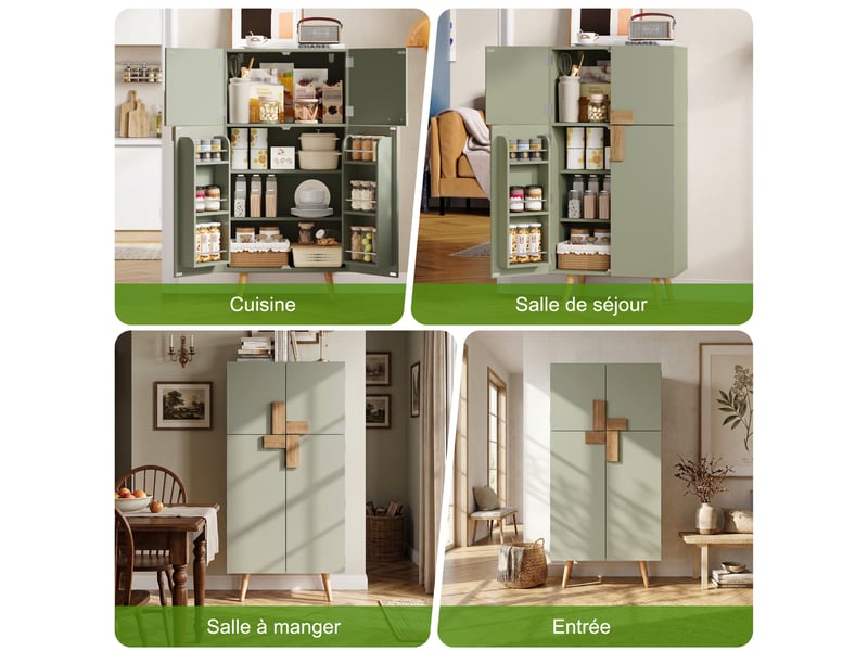  Colonne de cuisine avec 4 portes, étagères réglables et rangements de porte, pour cuisine, vert, 60 × 35 × 120 cm  - Conforama E
