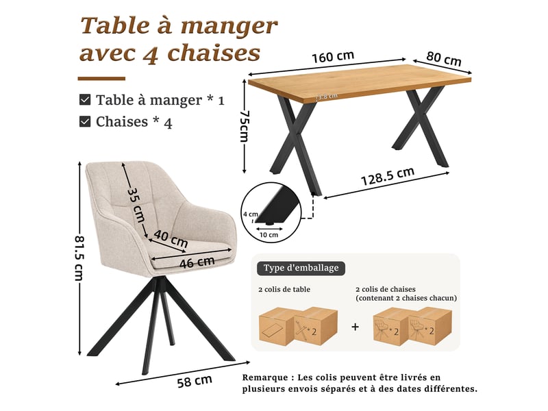  Ensemble table et 4 chaises - table rectangulaire 160x80 cm monobloc en chêne sauvage et pieds métal, 4 chaises en tissu beige et pieds métal  - Conforama C