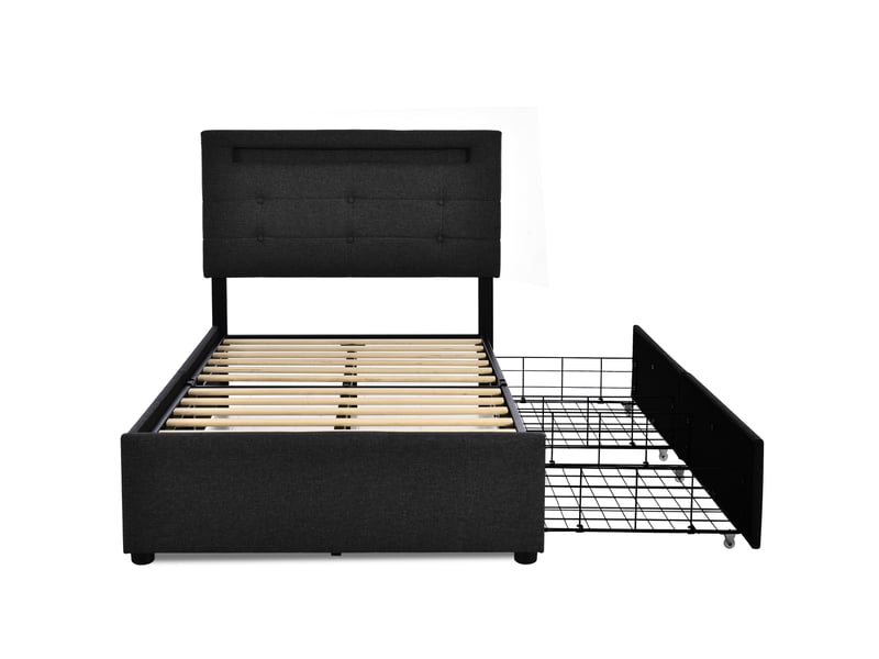  Lit simple moderne 90x200 cm avec led et 2 tiroirs, lin, noir, matelas inclus  - Conforama C