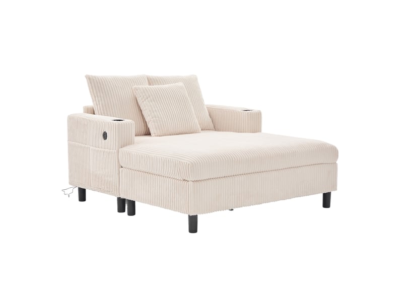 Fauteuil relax à assise profonde avec led, usb et porte-gobelets en velours côtelé beige, 142 × 128 × 85 cm  - Conforama A