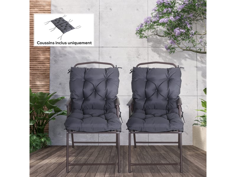  Lot de 2 coussins de chaise d'extérieur, galette de chaise avec attaches, coussins de jardin pour terrasse ou balcon, 98 x 50 x 8 cm, gris  - Conforama D