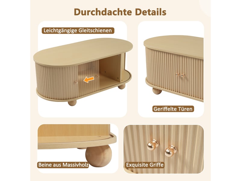  Table basse ovale en bois avec rangement 100x50x40 cm portes coulissantes rainurées meuble gain de place  - Conforama W