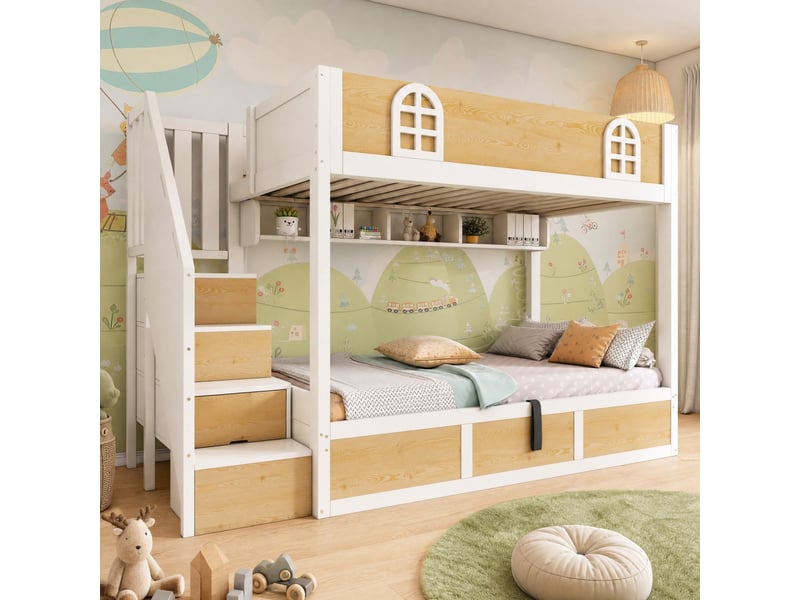  Lit superposé enfant 90x200cm, sommier, lit 2 place, escalier coffre avec rangement, bois+métal, blanc et naturel sans matelas  - Conforama B