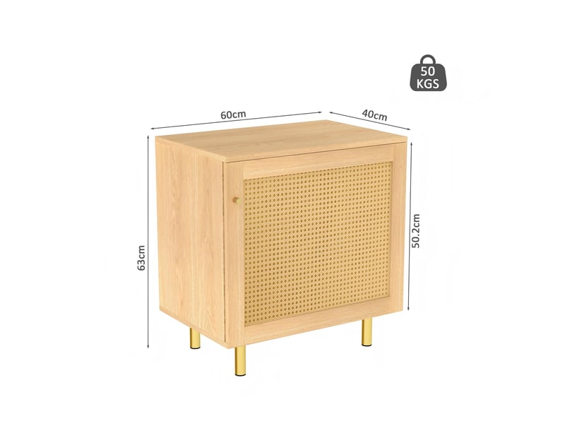 Buffet 1 porte avec étagère et façade en rotin - lpospi - pieds métal doré, mdf décor bois naturel 60 × 40 × 63 cm - Conforama D