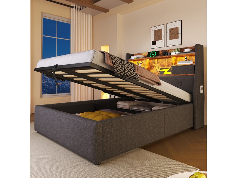 Lit coffre 90x200 moderne led multicolore prises usb type-c rangement tête de lit tiroir lin gris avec matelas - Conforama R
