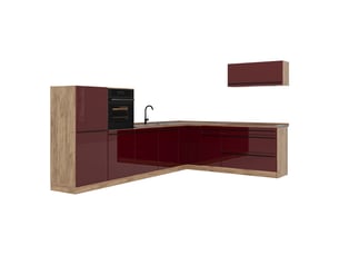 Vicco cuisine en angle, rouge brillantchêne doré, 327 x cm plan de travail chêne doré