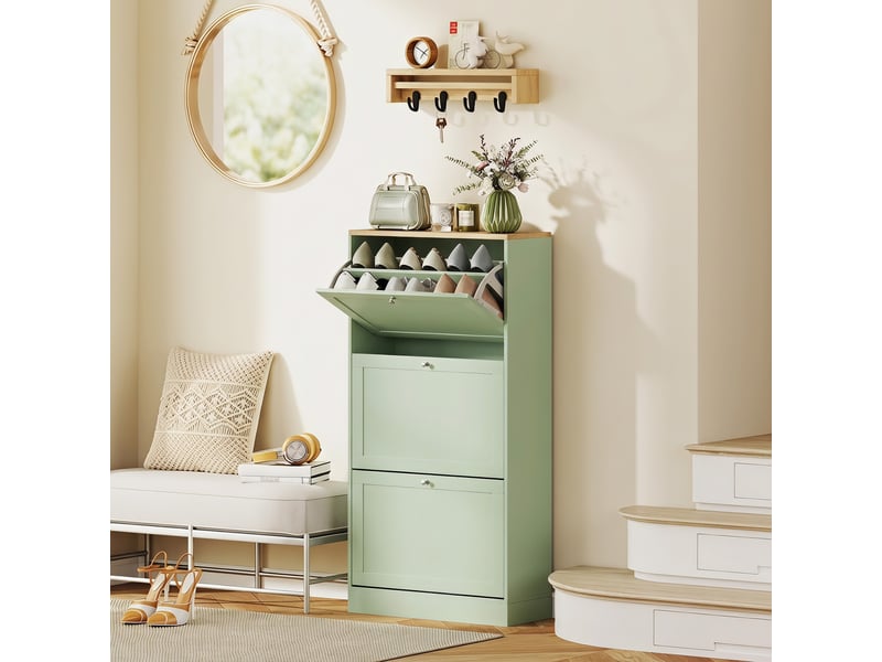  Meuble à chaussures style moderne, 3 portes abattantes, 18 paires de chaussures, 60 x 23,5 x 115 cm, vert  - Conforama B