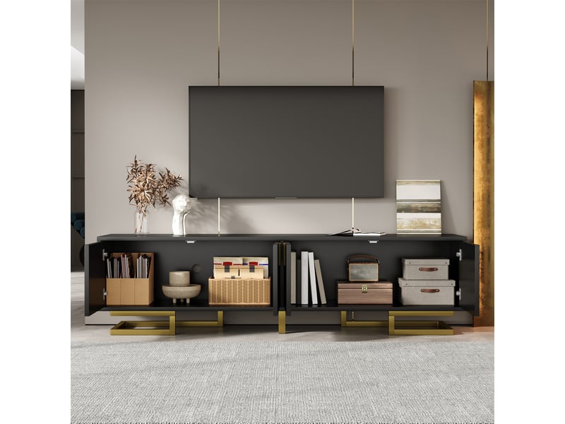  Meuble tv noir 160 cm portes texturées avec pieds dorés  - Conforama E