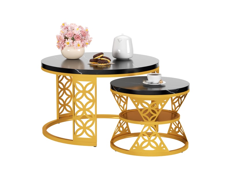  Table basse gigogne ronde 70x70x4545x45x37 cm, coloris noir et doré  - Conforama A