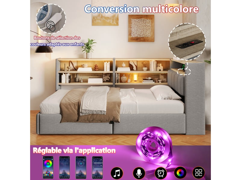  Canapé-lit 90 x 200 cm, suspension hydraulique, prise électrique, caisson latéral réversible (à gauche ou à droite) avec port usb et éclairage led, sans matelas, velours gris.  - Conforama E