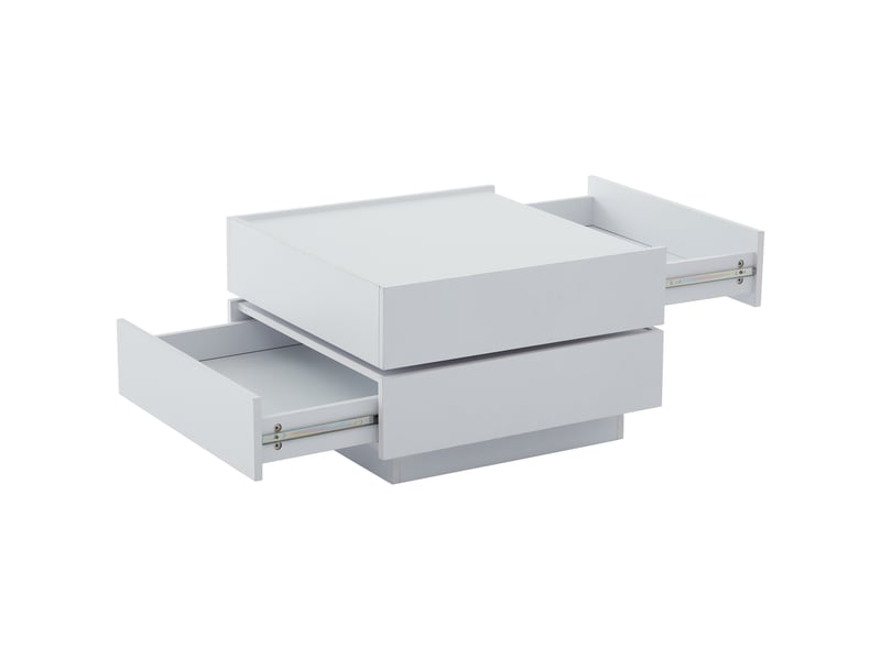  Table basse fonctionnelle pivotante à 360°, plateau rotatif, 2 étagères, rangement, blanc pur, 60×60×38 cm  - Conforama D