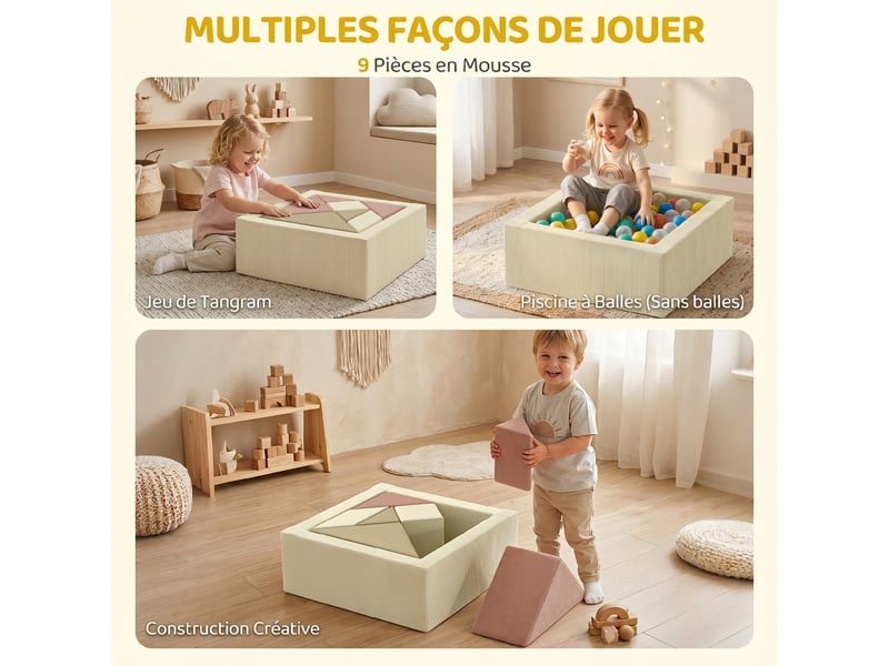  Parcours motricité bébé 9pcs avec piscine à balles, module en mousse souple avec housse en velours côtelé, multicolore  - Conforama D