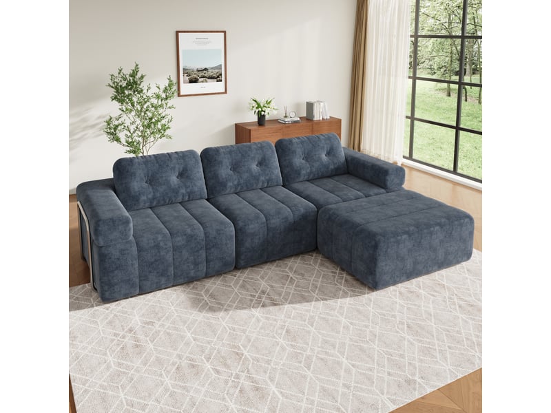 Canapé modulable en l bleu 4 places 258 × 165 × 79 cm, chenille et pouf Fay Lum - Conforama B