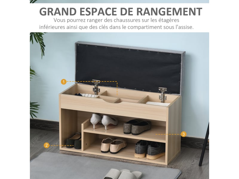  Meuble chaussures banc à chaussures 2 niveaux rangement, niche + coffre intégré avec coussin beige gris  - Conforama R