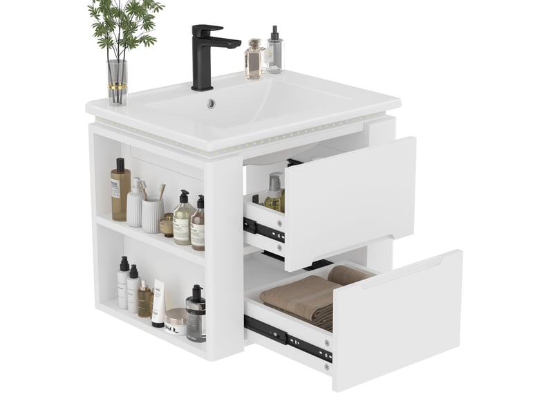  Meuble de salle de bain suspendu 61x46x50cm avec led, vasque, armoire de rangement, style moderne et simple, mdf blanc  - Conforama A
